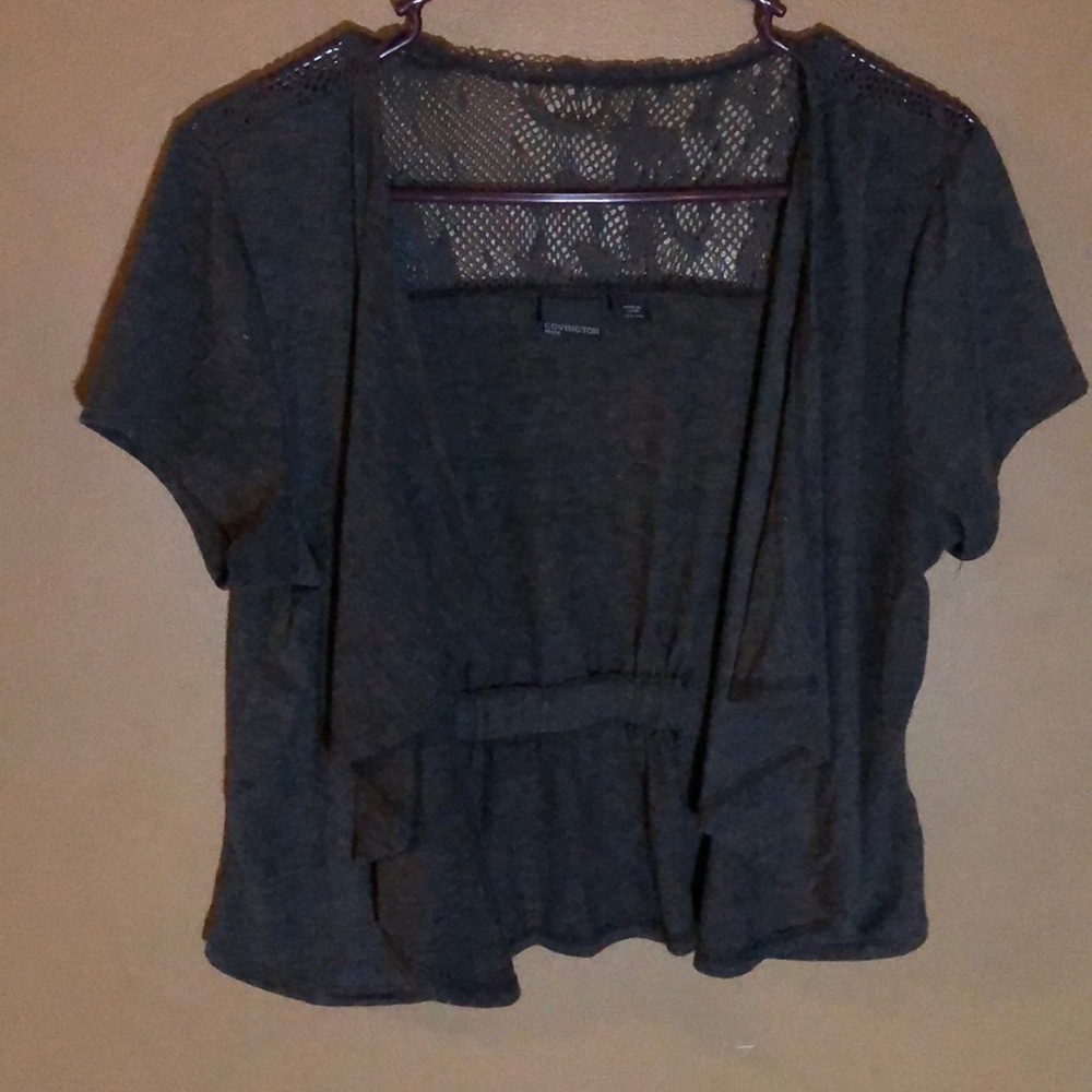 Gray Shortsleeved Drape Front Lace Back Cardigan